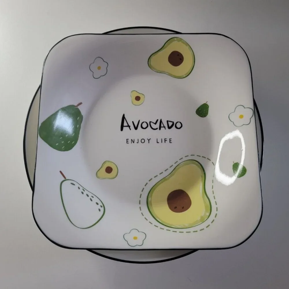 Avocado Enjoy Life Plate Bowl Dish‎ Set 3 Piece Raise Side Green Ceramic Toast